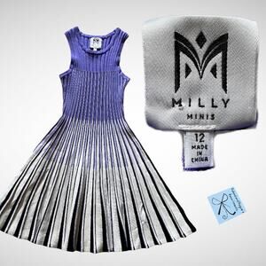Milly Minis Godet Striped Sleeveless Fit and Flare Pleated Knit Dress Kids Sz 12